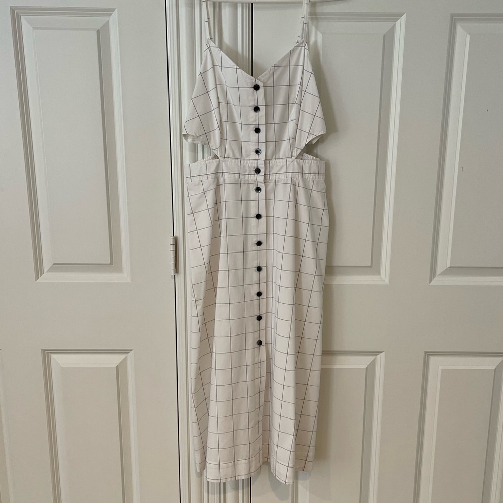 Madewell White Grid Midi Dress with Black Buttons